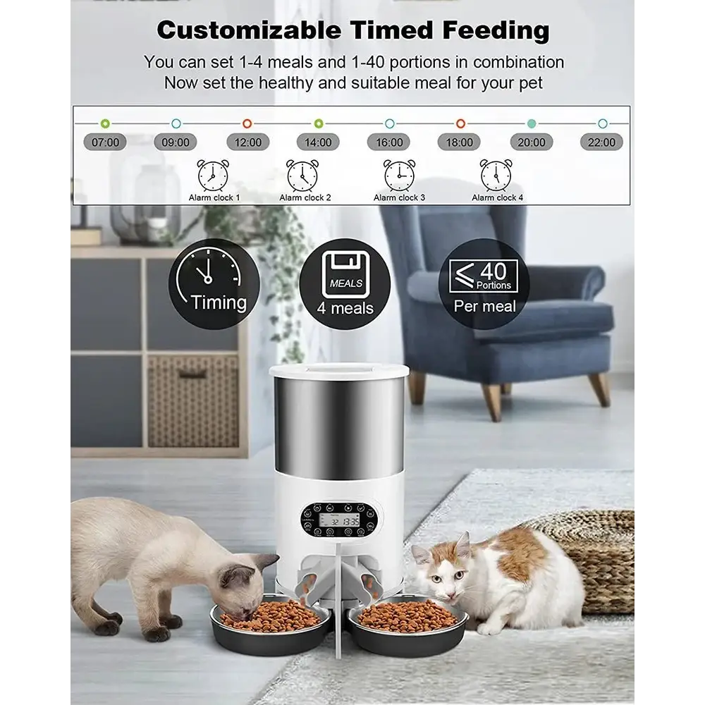 3L/4.5L Automatic Cats Dispenser Smart Cat Dog Food Feeder Single/Dual Stainless Steel Bowls Pets Timer Feeding For Dry Foods - Zoo Bestie Online Shop