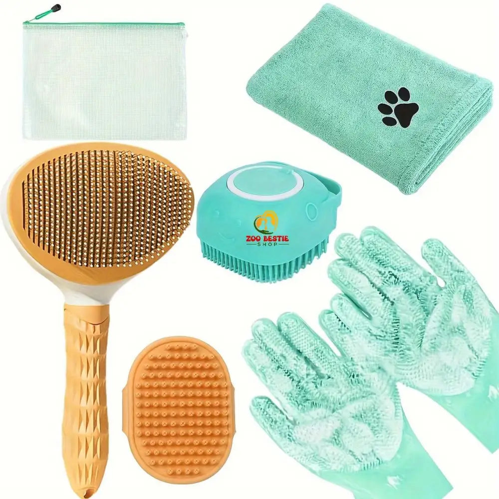 5-Piece Pet Shedding Control Grooming Kit: Bath & Hair Brushes, Towel & Washing Gloves - Zoo Bestie Online Shop