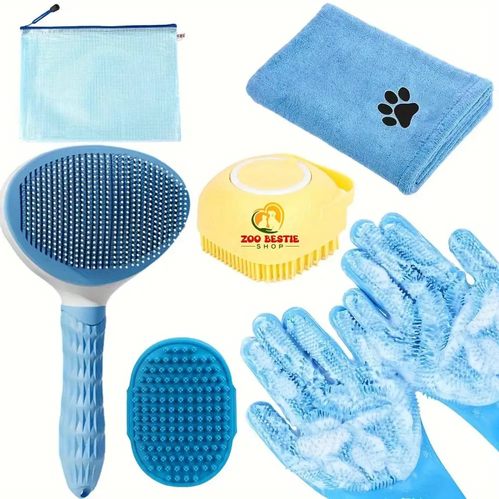 5-Piece Pet Shedding Control Grooming Kit: Bath & Hair Brushes, Towel & Washing Gloves - Zoo Bestie Online Shop