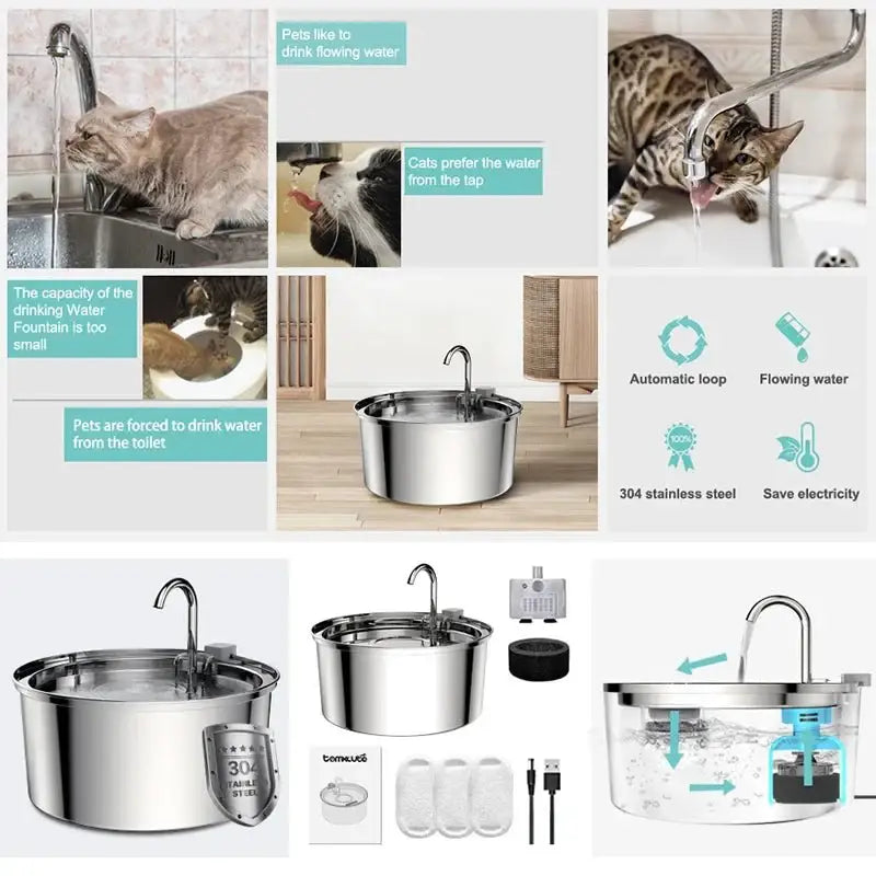 Stainless Steel Cat Water Fountain | Quiet Sensor Automatic Dispenser - Dog automatic waterers